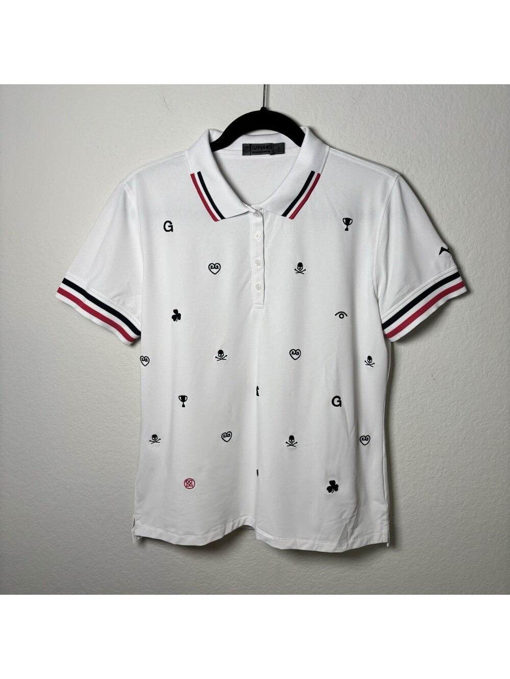 G/FORE Women’s Golf Polo White Embroidered Golf Icons Size Large Preppy EUC